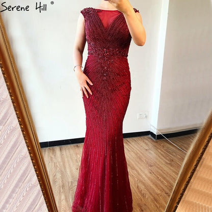 Wine Red O-Neck Luxury Sleeveless Evening Dresses 2025 Dubai Mermaid Diamond Beading Formal Dress LA70415