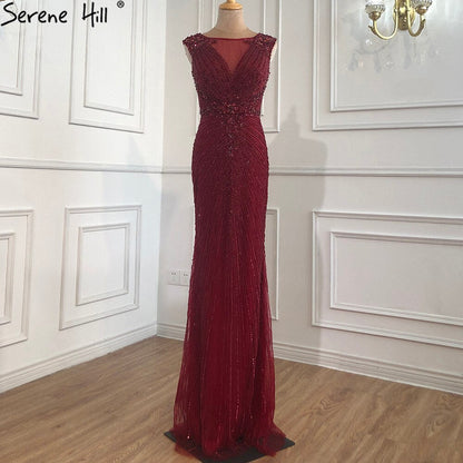 Wine Red O-Neck Luxury Sleeveless Evening Dresses 2025 Dubai Mermaid Diamond Beading Formal Dress LA70415