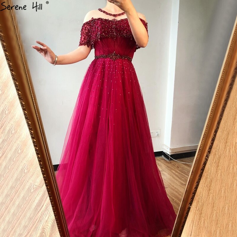 Weinrot Kurzen Ärmeln Sexy Abendkleider 2025 Dubai Diamant Pailletten Oansatz A-linie Formale Kleid LA70352 