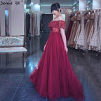 Weinrot Kurzen Ärmeln Sexy Abendkleider 2025 Dubai Diamant Pailletten Oansatz A-linie Formale Kleid LA70352 