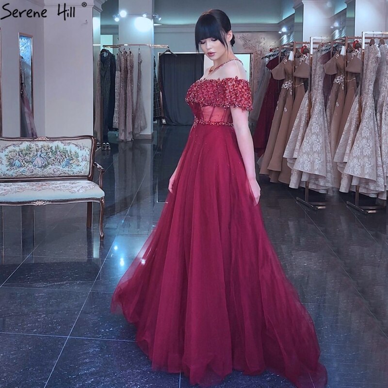 Weinrot Kurzen Ärmeln Sexy Abendkleider 2025 Dubai Diamant Pailletten Oansatz A-linie Formale Kleid LA70352 