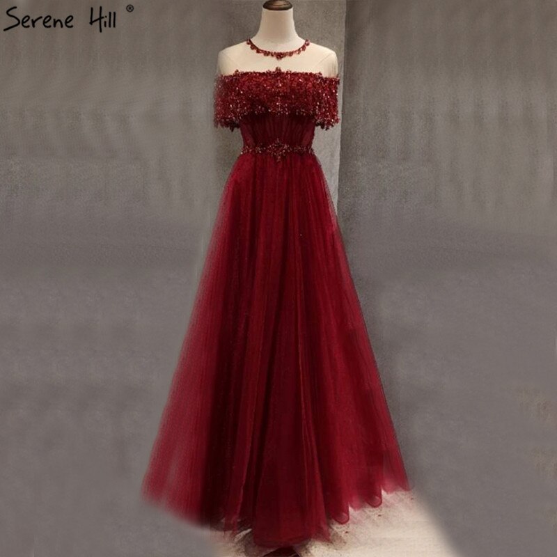 Weinrot Kurzen Ärmeln Sexy Abendkleider 2025 Dubai Diamant Pailletten Oansatz A-linie Formale Kleid LA70352 