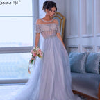 Weinrot Kurzen Ärmeln Sexy Abendkleider 2025 Dubai Diamant Pailletten Oansatz A-linie Formale Kleid LA70352 