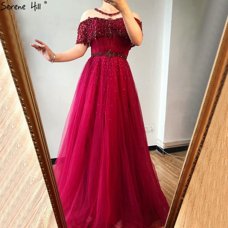 Weinrot Kurzen Ärmeln Sexy Abendkleider 2025 Dubai Diamant Pailletten Oansatz A-linie Formale Kleid LA70352 