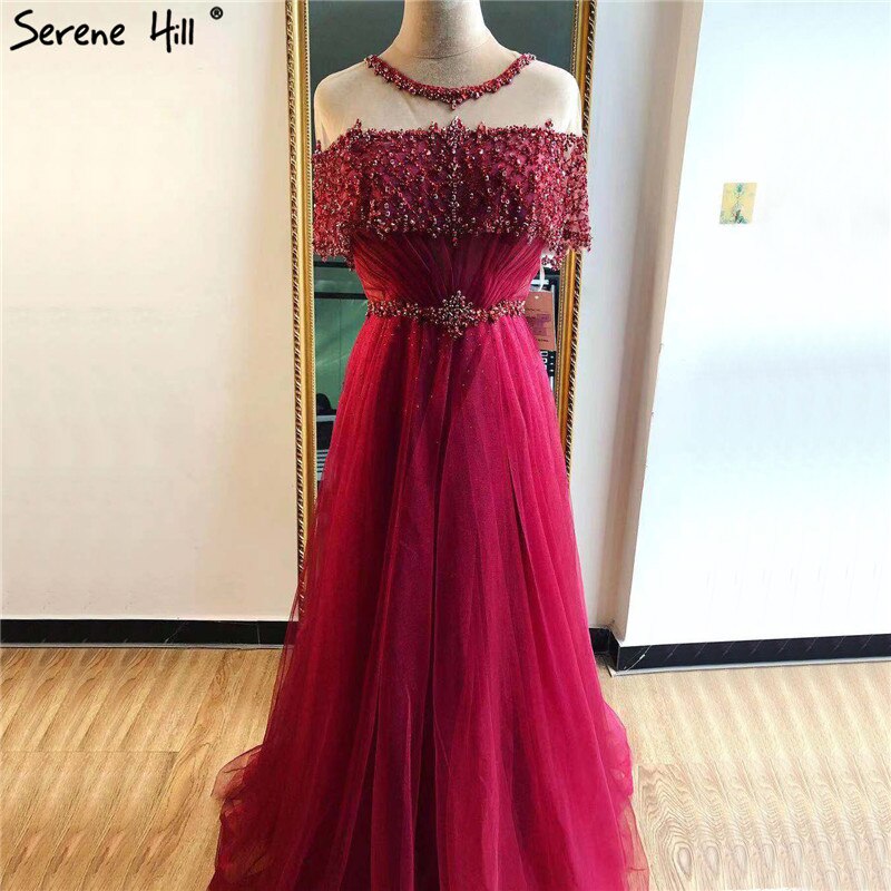 Weinrot Kurzen Ärmeln Sexy Abendkleider 2025 Dubai Diamant Pailletten Oansatz A-linie Formale Kleid LA70352 