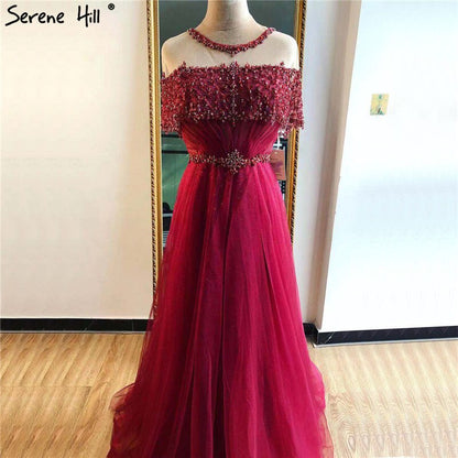 Wine Red Short Sleeves Sexy Evening Dresses 2025 Dubai Diamond Sequins O-Neck A-Line Formal Dress LA70352