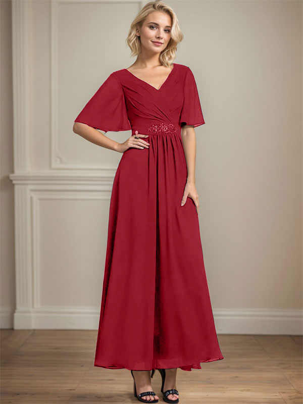 Vestido de gasa para madre de la novia con escote en V, largo hasta los tobillos, corte A y lentejuelas plisadas con cuentas