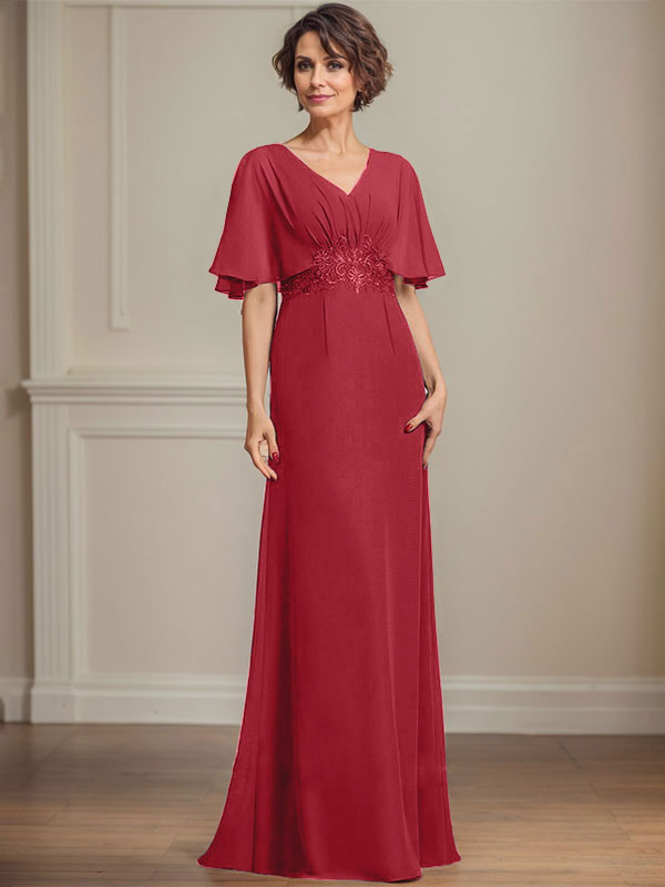 A-Linie V-Ausschnitt Bodenlanges Chiffonkleid für die Brautmutter mit plissierten Paillettenapplikationen Spitze