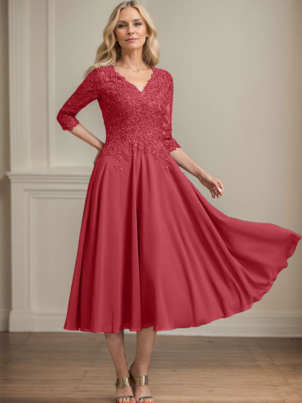 A-Linie V-Ausschnitt Wadenlanges Chiffon-Spitzenkleid für die Brautmutter mit Perlen und Pailletten 
