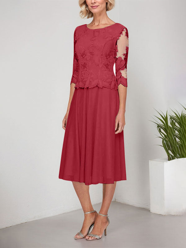 Vestido de gasa con encaje y bordado para madre de la novia, corte A, escote redondo y largo hasta la rodilla