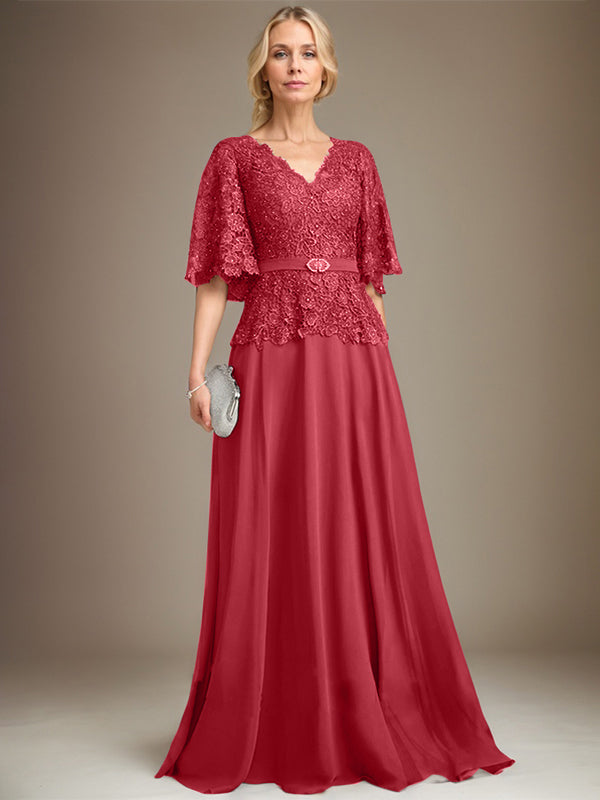 A-Linie V-Ausschnitt Bodenlanges Chiffon-Spitzenkleid für die Brautmutter mit Kristallbrosche und Strass 