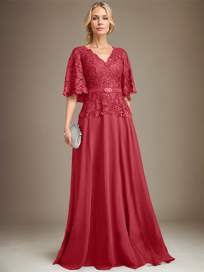 A-Linie V-Ausschnitt Bodenlanges Chiffon-Spitzenkleid für die Brautmutter mit Kristallbrosche und Strass 