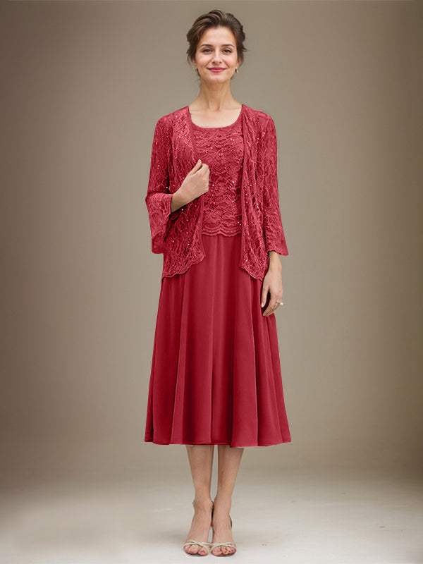 Vestido de gasa con encaje y lentejuelas para madre de la novia, corte A, escote redondo y largo hasta la rodilla