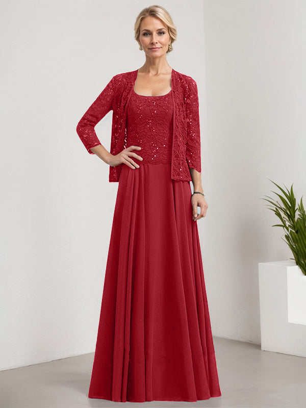 Vestido de madre de la novia de gasa con encaje, corte A, largo hasta el suelo, cuadrado y lentejuelas