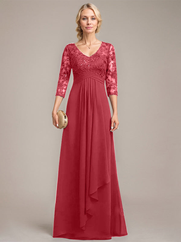 A-Linie V-Ausschnitt Bodenlanges Spitzen-Chiffon-Kleid für die Brautmutter mit kaskadierenden Rüschen und Pailletten 
