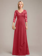 A-Linie V-Ausschnitt Bodenlanges Spitzen-Chiffon-Kleid für die Brautmutter mit kaskadierenden Rüschen und Pailletten 