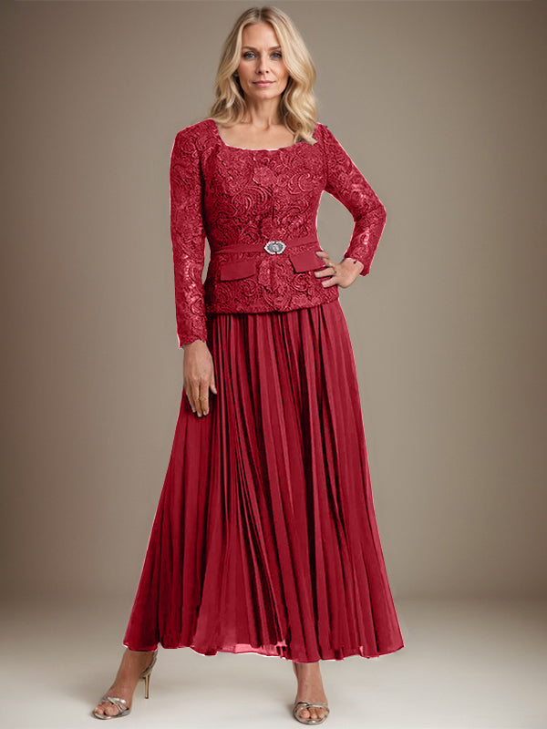 Vestido de gasa para madre de la novia con corte A, cuadrado, largo hasta los tobillos, con pliegues