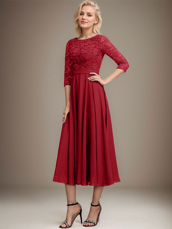 Vestido de gasa con encaje y lentejuelas para madre de la novia, corte A, escote redondo y largo hasta la rodilla