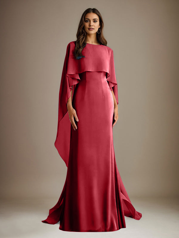 Vestido de gasa para madre de la novia, largo hasta el suelo, con escote barco y corte tubo/columna y volantes en cascada