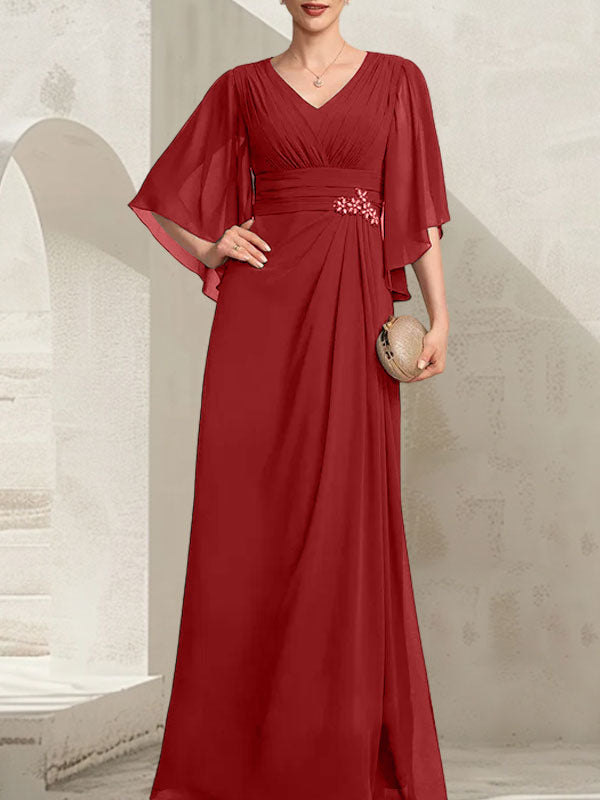 Etui-Linie/Säule V-Ausschnitt Bodenlang Chiffon Kleid für die Brautmutter mit Plissee Pailletten Perlenbesatz