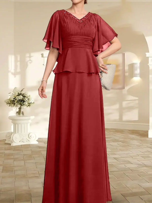A-Linien-Kleid aus Chiffon mit V-Ausschnitt und bodenlangem Schnitt für die Brautmutter mit plissierten Perlen