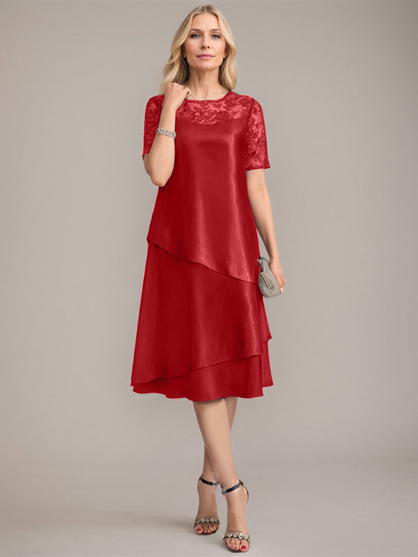 Vestido de madre de la novia con corte en A, escote redondo y largo hasta la rodilla, con apliques y lentejuelas