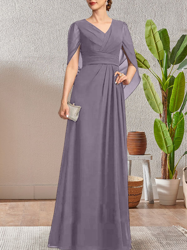 Vestido largo azul marino oscuro con escote en V y corte A para madre de la novia