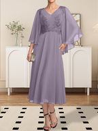 A-Linie V-Ausschnitt Wadenlanges Chiffon-Spitzenkleid für die Brautmutter mit Perlen und Pailletten