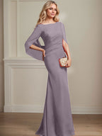 Vestido de madre de la novia de gasa con escote barco, corte trompeta/sirena, largo hasta el suelo, con pliegues