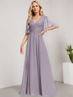 Vestido de madre de la novia de gasa con encaje, escote en V y lentejuelas, largo hasta el suelo
