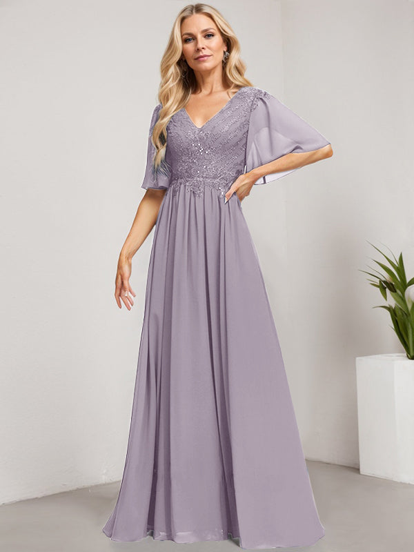 Vestido de madre de la novia de gasa con encaje, escote en V y lentejuelas, largo hasta el suelo