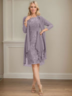 Vestido de madre de la novia de gasa con encaje, escote redondo, ilusión, largo hasta la rodilla, con volantes en cascada y lentejuelas