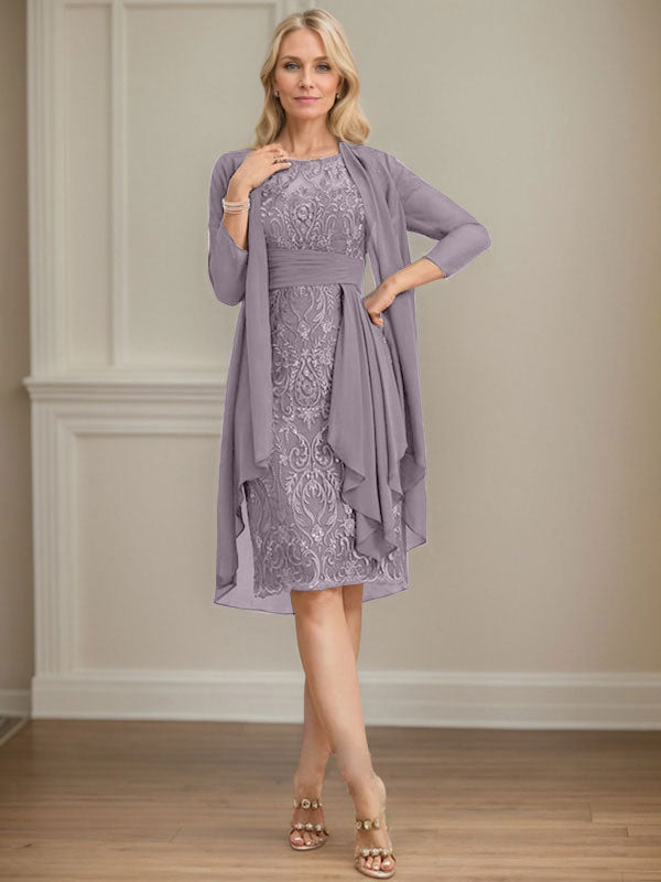 Vestido de madre de la novia de gasa con encaje, escote redondo, ilusión, largo hasta la rodilla, con volantes en cascada y lentejuelas