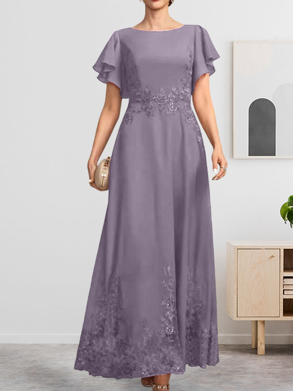A-Linie U-Ausschnitt Knöchellang Spitzen-Chiffon-Kleid für die Brautmutter mit Pailletten