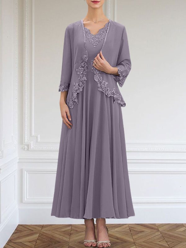 Vestido de gasa para madre de la novia, corte A, escote en V, largo hasta los tobillos, con apliques de lentejuelas, encaje y cuentas