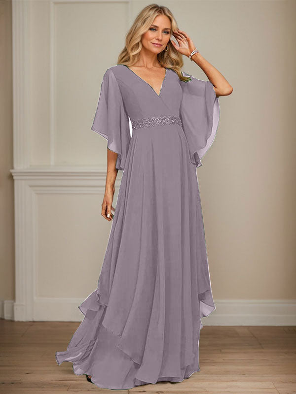 Vestido de gasa para madre de la novia, corte A, escote en V, largo hasta el suelo, con apliques de lentejuelas, encaje y abalorios