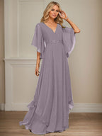 Vestido de gasa para madre de la novia, corte A, escote en V, largo hasta el suelo, con apliques de lentejuelas, encaje y abalorios