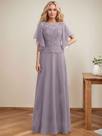 Vestido de gasa con encaje y lentejuelas para madre de la novia, corte A, escote ilusión, largo hasta el suelo
