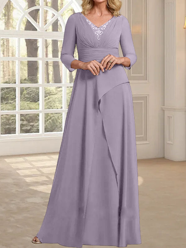 Vestido de gasa para madre de la novia con escote en V, largo hasta el suelo, con pliegues y cuentas