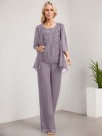 Vestido de madre de la novia de gasa con encaje, largo hasta el suelo, con lentejuelas y mono/pantalón separado