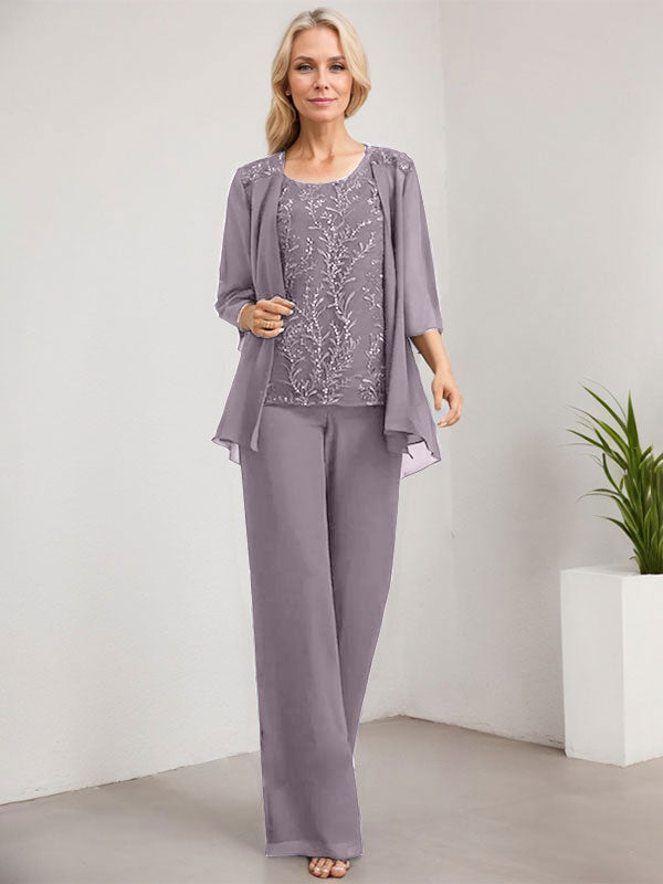 Vestido de madre de la novia de gasa con encaje, largo hasta el suelo, con lentejuelas y mono/pantalón separado