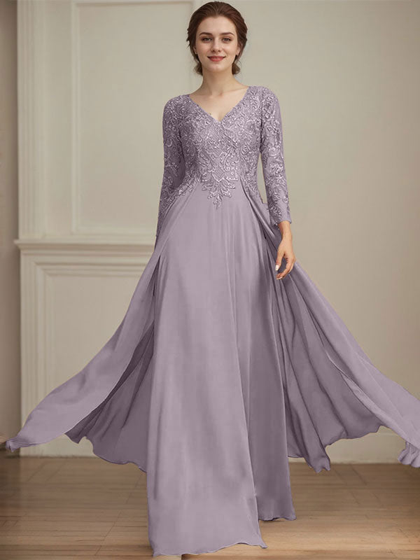 A-Linie V-Ausschnitt Bodenlanges Spitzen-Chiffon-Kleid für die Brautmutter mit Pailletten 