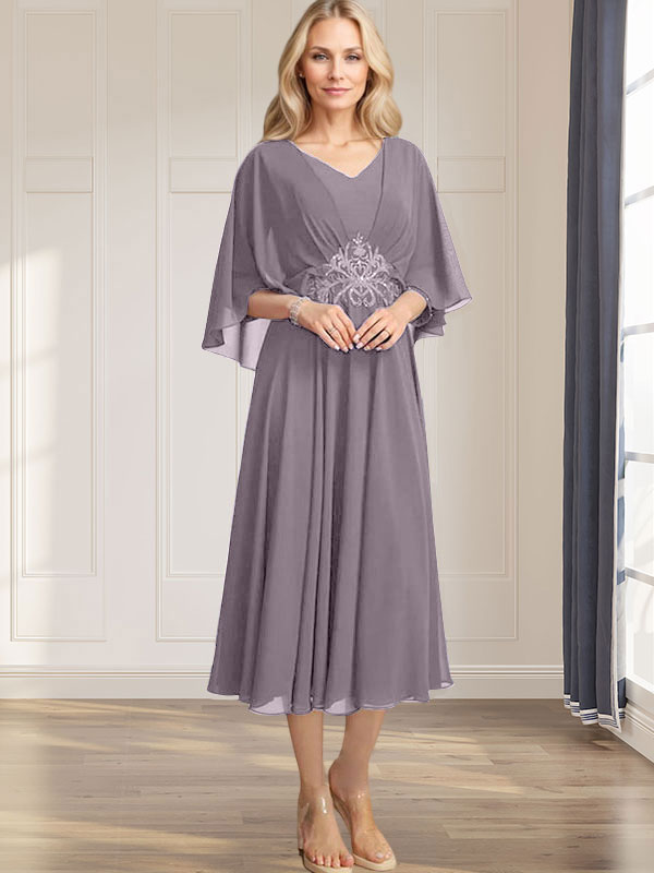A-Linie V-Ausschnitt Wadenlanges Chiffonkleid für die Brautmutter mit plissierten Paillettenapplikationen Spitzenbesatz 