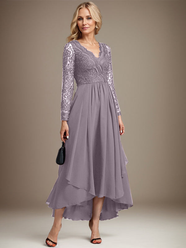 Vestido de madre de la novia de gasa con encaje asimétrico, escote en V y corte A