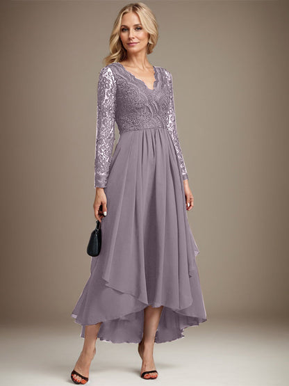 A-Linie V-Ausschnitt Asymmetrisches Chiffonkleid für die Brautmutter 