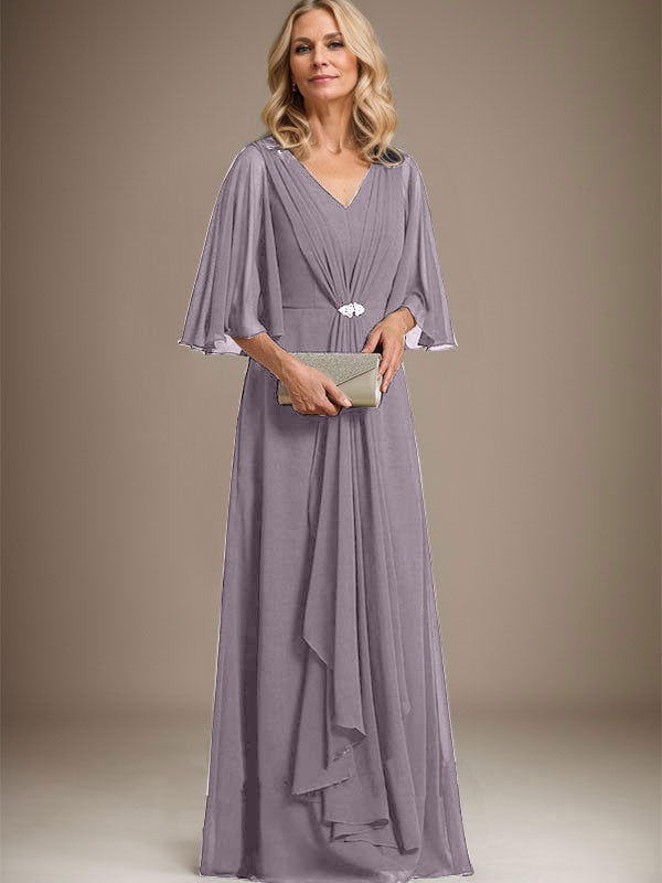 Vestido de gasa para madre de la novia, corte A, escote en V, largo hasta el suelo, con volantes en cascada y broche de cristal