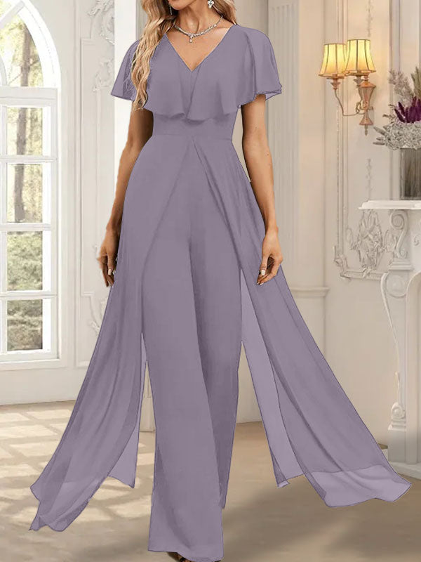 Vestido de noche de gasa con escote en V y largo hasta el suelo, tipo mono/pantalón