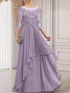 Vestido de gasa con encaje, corte A, escote ilusión, largo hasta el suelo, para madre de la novia con volantes en cascada