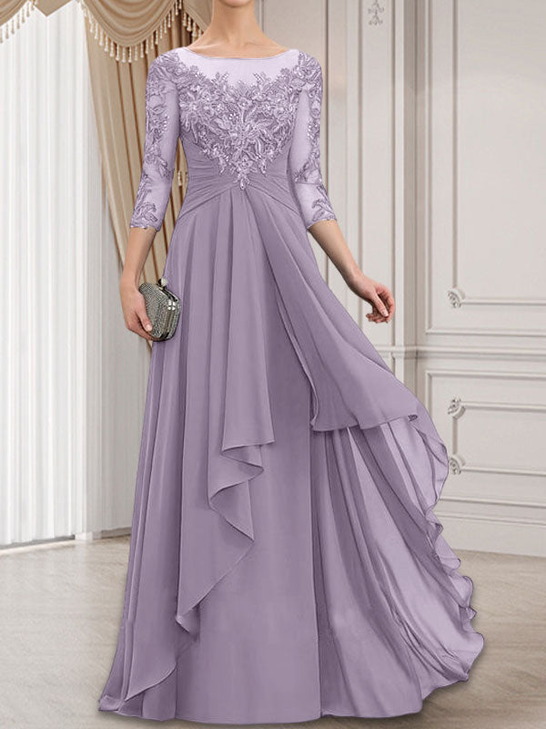 Vestido de gasa con encaje, corte A, escote ilusión, largo hasta el suelo, para madre de la novia con volantes en cascada