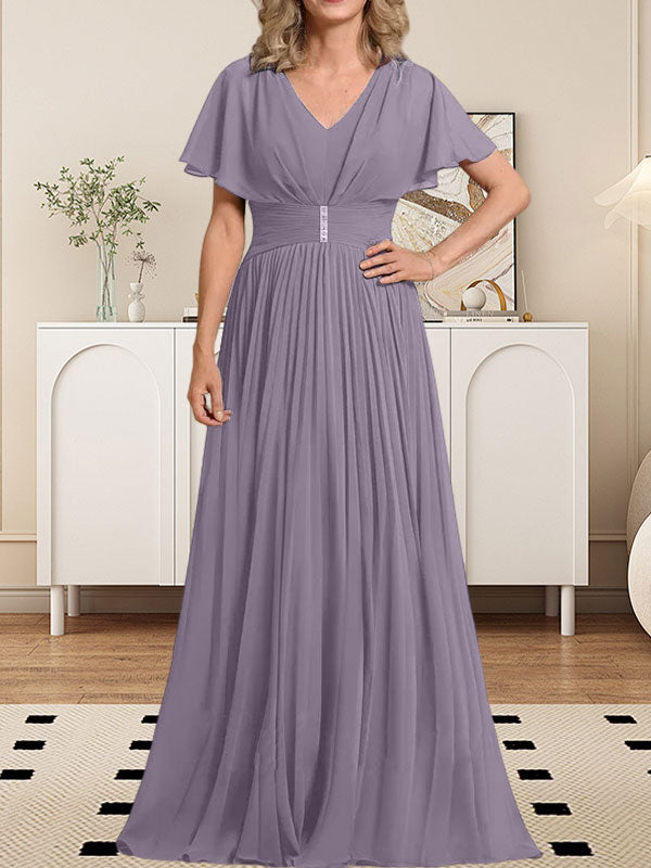 Vestido de gasa para madre de la novia, corte A, escote en V, largo hasta el suelo, con broche de cristal y plisado